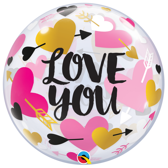 COLLECTION ONLY - Love You Bubble Balloon Filled with Helium & Dressed with Ribbon & Weight