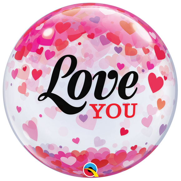 COLLECTION ONLY - Love You Hearts Bubble Balloon Filled with Helium & Dressed with Ribbon & Weight