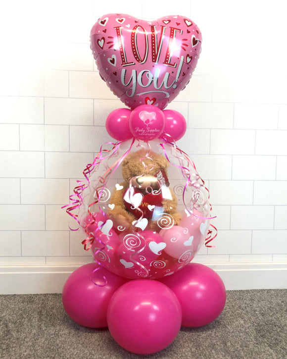 COLLECTION ONLY - (GIFT NOT INCLUDED) Heart Print Gift Balloon Topped with Pink Love You Standard Foil