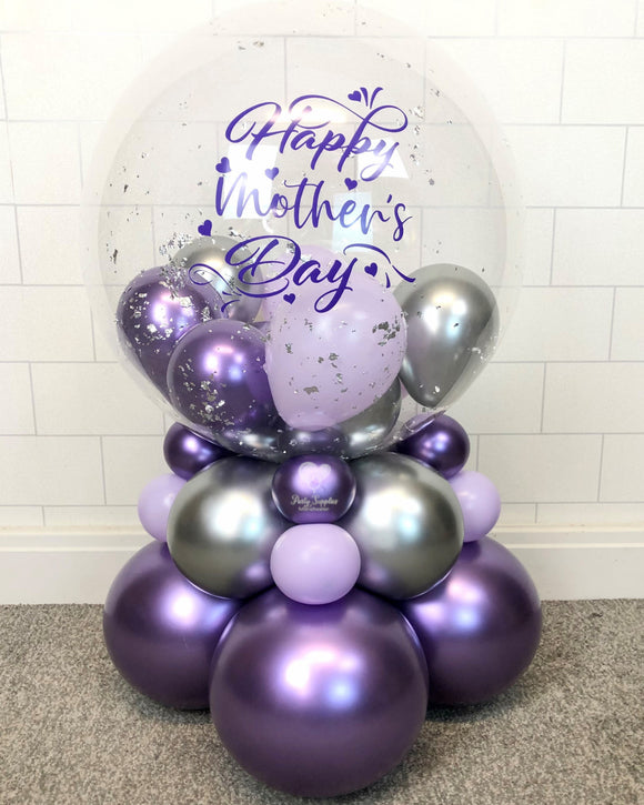 COLLECTION ONLY - 2 Tier Globe Purple & Lilac Balloons & Silver Leaf, Purple Message