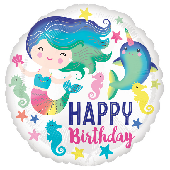 COLLECTION ONLY - 1 Mermaid Happy Birthday Standard Foil Filled with Helium & Dressed with Ribbon & Weight