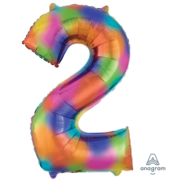 COLLECTION ONLY - Large Rainbow Number 2 Super Shape Foil Balloon Filled with Helium & Dressed with Ribbon & Weight