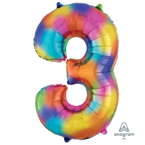 COLLECTION ONLY - Large Rainbow Number 3 Super Shape Foil Balloon Filled with Helium & Dressed with Ribbon & Weight