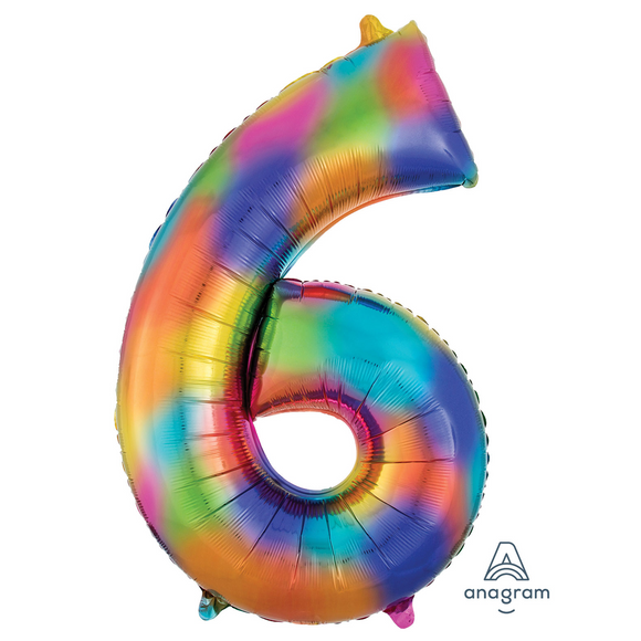COLLECTION ONLY - Large Rainbow Number 6 Super Shape Foil Balloon Filled with Helium & Dressed with Ribbon & Weight