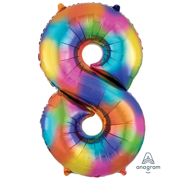COLLECTION ONLY - Large Rainbow Number 8 Super Shape Foil Balloon Filled with Helium & Dressed with Ribbon & Weight