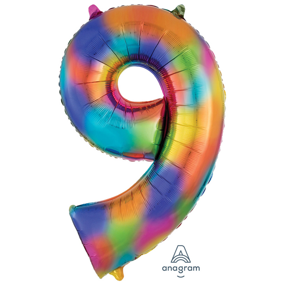 COLLECTION ONLY - Large Rainbow Number 9 Super Shape Foil Balloon Filled with Helium & Dressed with Ribbon & Weight