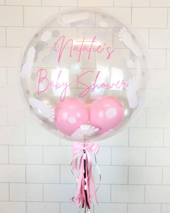 COLLECTION ONLY - Baby Footprint Bubble - Pink, White Balloons - Pink Message