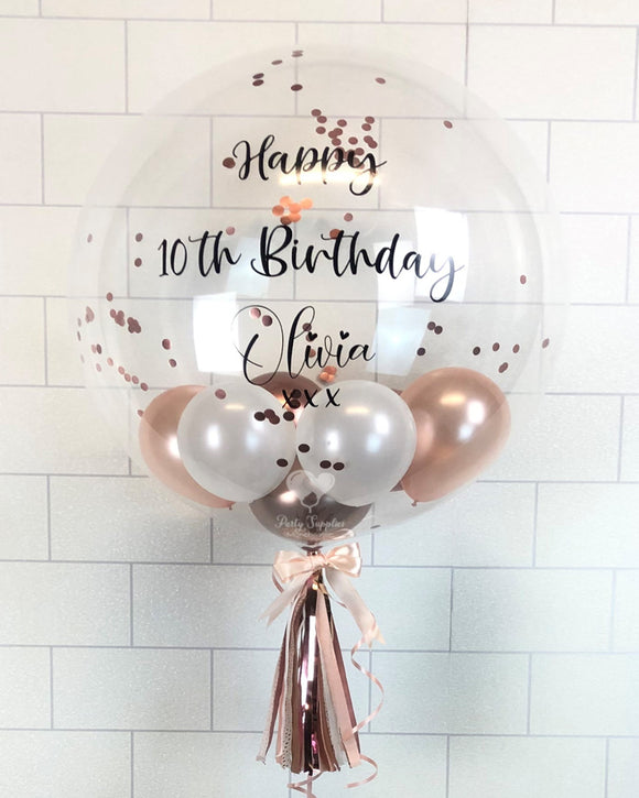 COLLECTION ONLY - Clear Bubble - Rose Gold, White Balloons - Rose Gold Confetti - Black Message