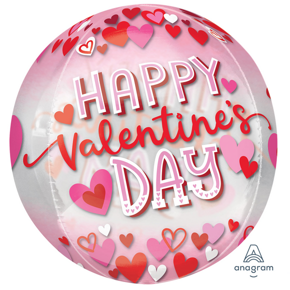 COLLECTION ONLY -  Happy Valentine's Day Orbz Balloon Filled with Helium & Dressed with Ribbon & Weight