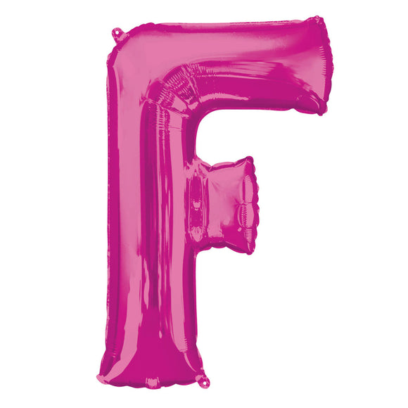 COLLECTION ONLY - Bright Pink Letter F Filled with Helium & Dressed with Ribbon & Weight