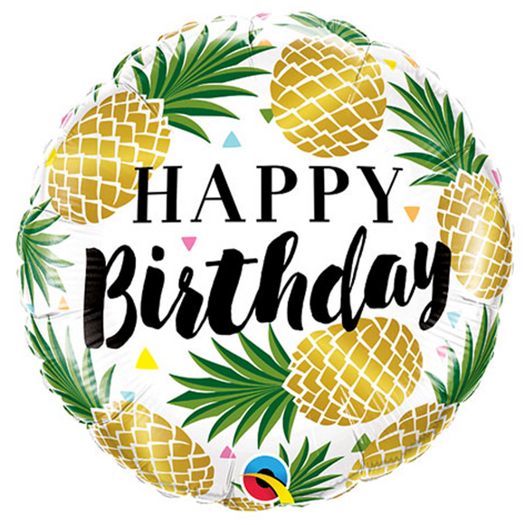 COLLECTION ONLY - 1 Happy Birthday Golden Pineapple Standard Foil Balloon Filled with Helium & Dressed with Ribbon & Weight