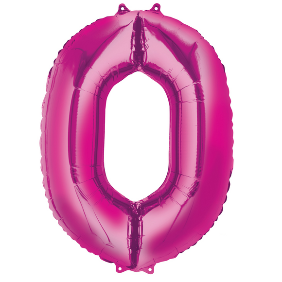 COLLECTION ONLY - Large Bright Pink Number 0 Super Shape Foil Balloon Filled with Helium & Dressed with Ribbon & Weight