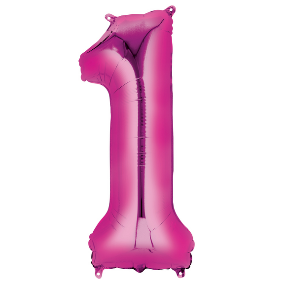 COLLECTION ONLY - Large Bright Pink Number 1 Super Shape Foil Balloon Filled with Helium & Dressed with Ribbon & Weight