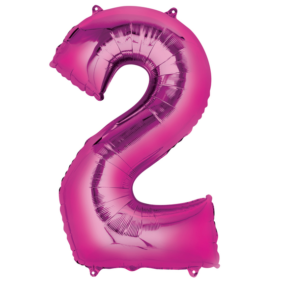 COLLECTION ONLY - Large Bright Pink Number 2 Super Shape Foil Balloon Filled with Helium & Dressed with Ribbon & Weight