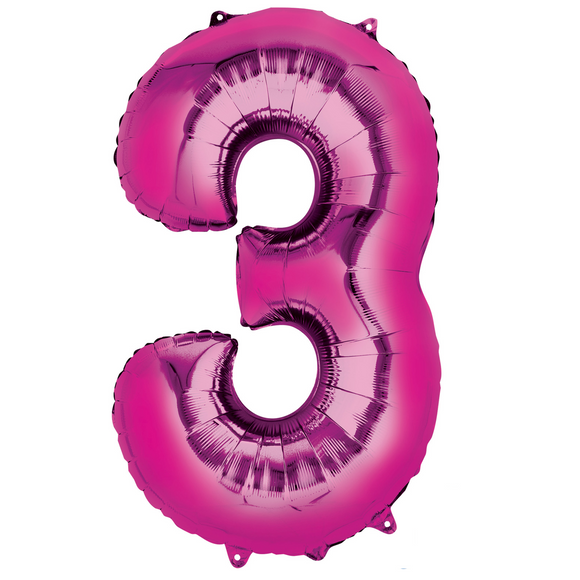 COLLECTION ONLY - Large Bright Pink Number 3 Super Shape Foil Balloon Filled with Helium & Dressed with Ribbon & Weight