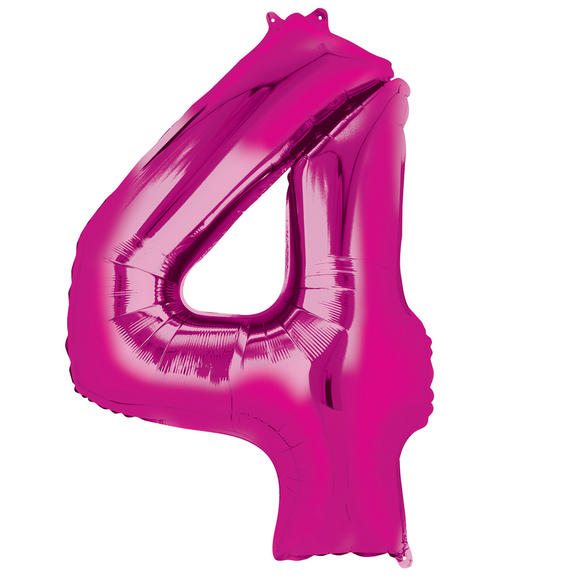 COLLECTION ONLY - Large Bright Pink Number 4 Super Shape Foil Balloon Filled with Helium & Dressed with Ribbon & Weight