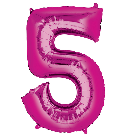 COLLECTION ONLY - Large Bright Pink Number 5 Super Shape Foil Balloon Filled with Helium & Dressed with Ribbon & Weight