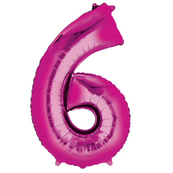 COLLECTION ONLY - Large Bright Pink Number 6 Super Shape Foil Balloon Filled with Helium & Dressed with Ribbon & Weight