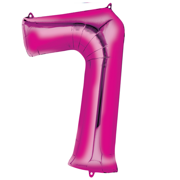 COLLECTION ONLY - Large Bright Pink Number 7 Super Shape Foil Balloon Filled with Helium & Dressed with Ribbon & Weight