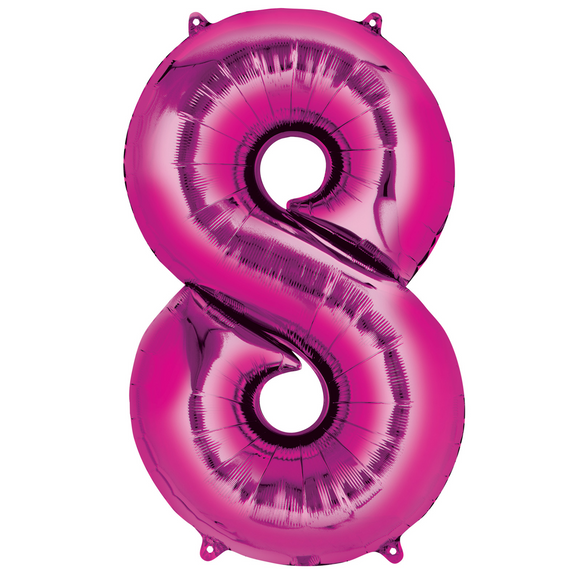 COLLECTION ONLY - Large Bright Pink Number 8 Super Shape Foil Balloon Filled with Helium & Dressed with Ribbon & Weight
