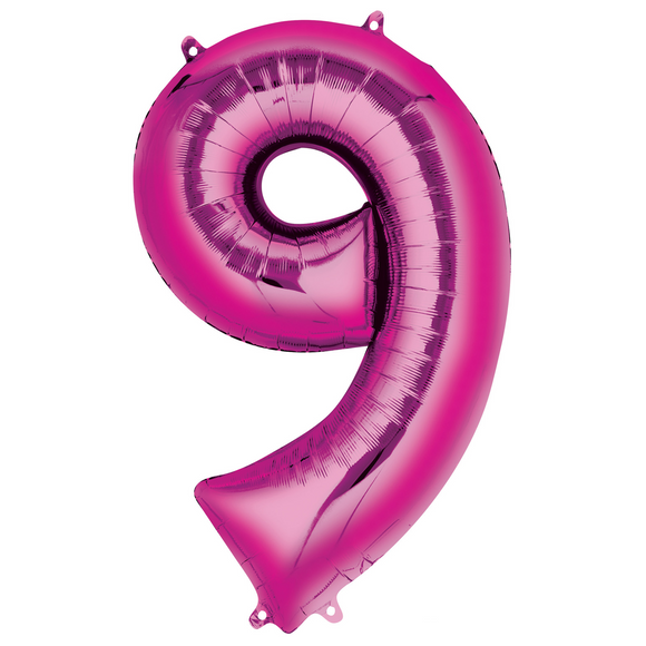 COLLECTION ONLY - Large Bright Pink Number 9 Super Shape Foil Balloon Filled with Helium & Dressed with Ribbon & Weight