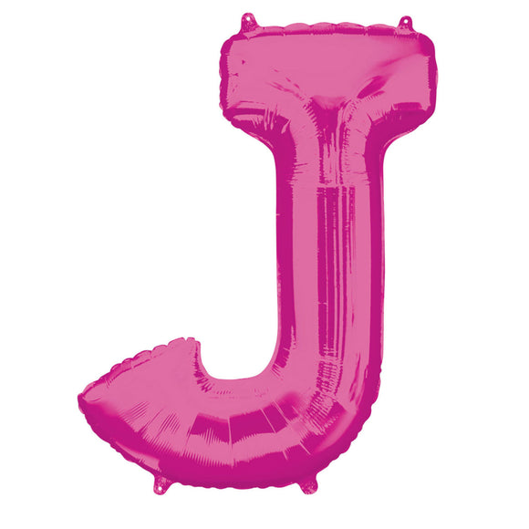 COLLECTION ONLY - Bright Pink Letter J Filled with Helium & Dressed with Ribbon & Weight