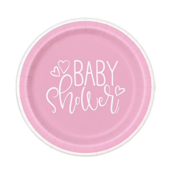 Pink Hearts Baby Shower Paper Dessert Plates 17.1 cm