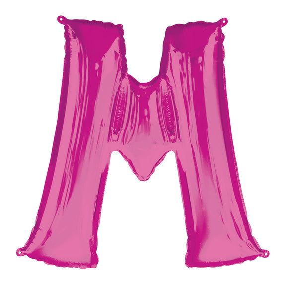 COLLECTION ONLY - Bright Pink Letter M Filled with Helium & Dressed with Ribbon & Weight