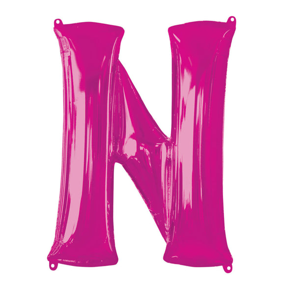 COLLECTION ONLY - Bright Pink Letter N Filled with Helium & Dressed with Ribbon & Weight