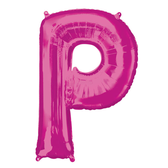 COLLECTION ONLY - Bright Pink Letter P Filled with Helium & Dressed with Ribbon & Weight