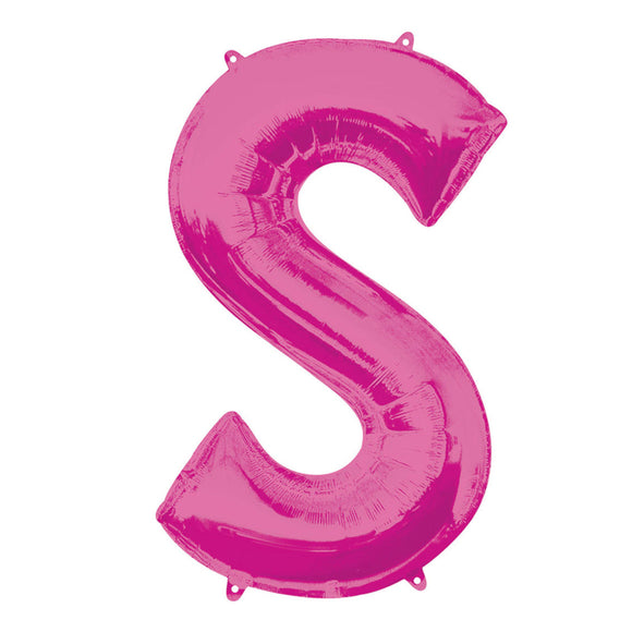 COLLECTION ONLY - Bright Pink Letter S Filled with Helium & Dressed with Ribbon & Weight