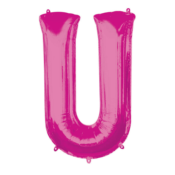 COLLECTION ONLY - Bright Pink Letter U Filled with Helium & Dressed with Ribbon & Weight