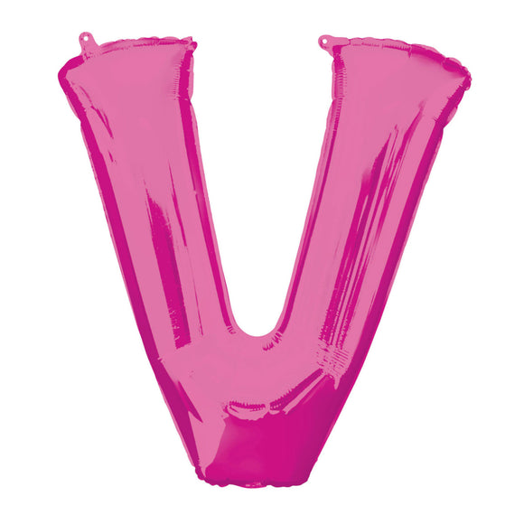 COLLECTION ONLY - Bright Pink Letter V Filled with Helium & Dressed with Ribbon & Weight