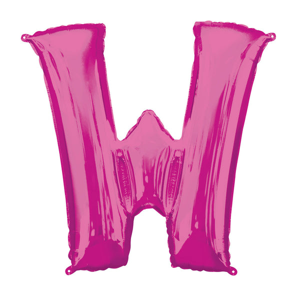 COLLECTION ONLY - Bright Pink Letter W Filled with Helium & Dressed with Ribbon & Weight