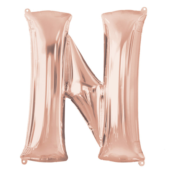 COLLECTION ONLY - Rose Gold Letter N Filled with Helium & Dressed with Ribbon & Weight