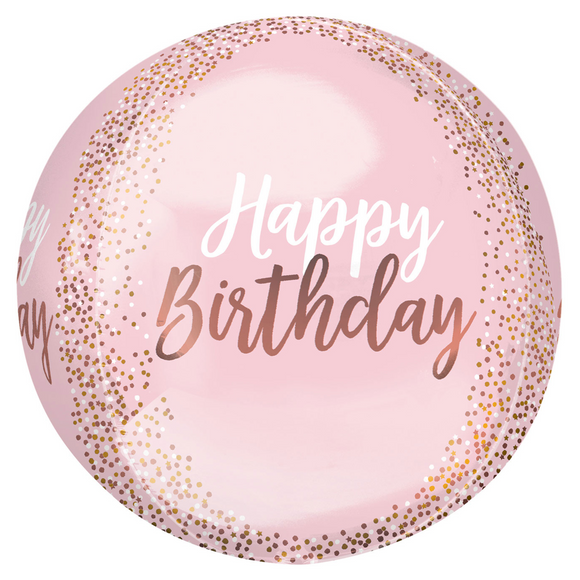 COLLECTION ONLY - 1 Happy Birthday Blush Orbz Balloon Filled with Helium & Dressed with a Balloon Collar, Ribbon & Weight