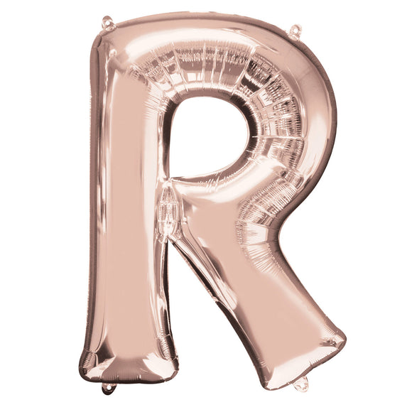 COLLECTION ONLY - Rose Gold Letter R Filled with Helium & Dressed with Ribbon & Weight