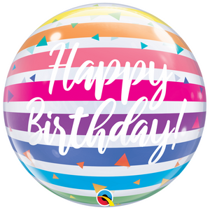 COLLECTION ONLY - 1 Happy Birthday Rainbow Stripes Bubble Balloon 22" Filled with Helium & Dressed with a Balloon Collar, Ribbon & Weight