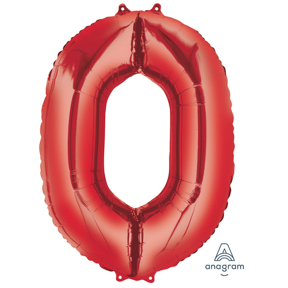 COLLECTION ONLY - Large Red Number 0 Super Shape Foil Balloon Filled with Helium & Dressed with Ribbon & Weight