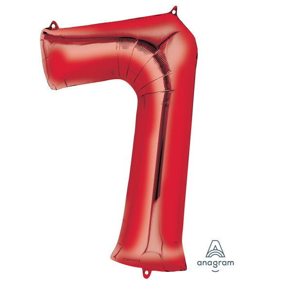 COLLECTION ONLY - Large Red Number 7 Super Shape Foil Balloon Filled with Helium & Dressed with Ribbon & Weight