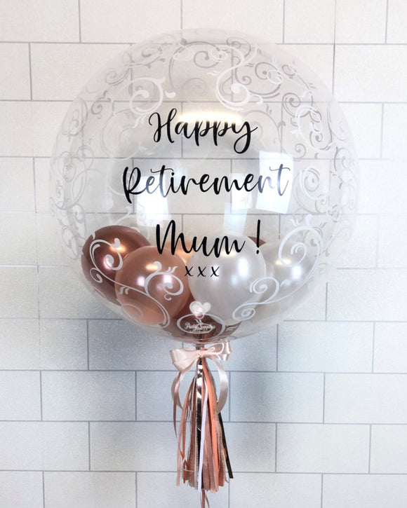 COLLECTION ONLY - Fancy Filigree Bubble - 2 Shades of Rose Gold, White Balloons - Black Message