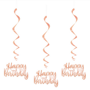 3 Rose Gold Glitz Happy Birthday Script Hanging Swirl Decorations