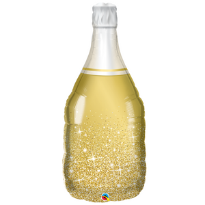 COLLECTION ONLY - 1 Golden Bubbly Champagne Bottle Super Shape Foil Balloon 39" Filled with Helium & Dressed with Ribbon & Weight