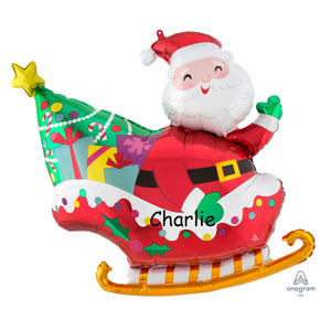 COLLECTION ONLY -  Santa's Sleigh 30" Super Shape Foil Balloon Filled with Helium, Personalised with a Name, Dressed with Ribbon & Weight