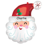 COLLECTION ONLY -  Santa Head 27" Super Shape Foil Balloon Filled with Helium, Personalised with a Name, Dressed with Ribbon & Weight