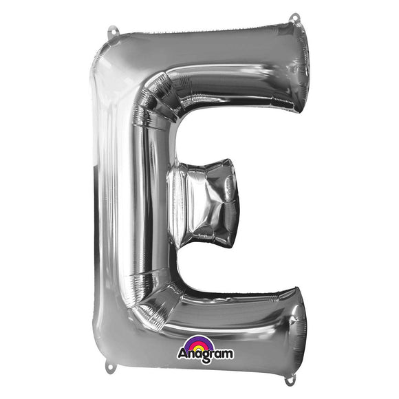 COLLECTION ONLY - Silver Letter E Filled with Helium & Dressed with Ribbon & Weight