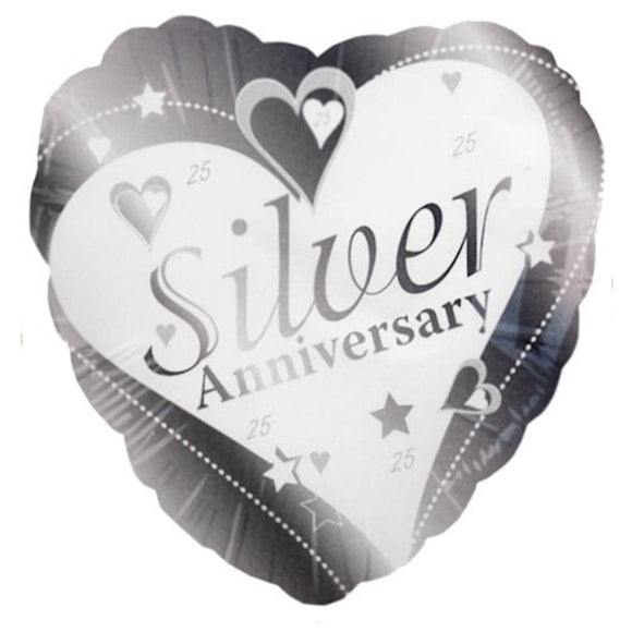 COLLECTION ONLY - 1 Silver Anniversary Standard Foil Balloon Filled with Helium & Dressed with Ribbon & Weight
