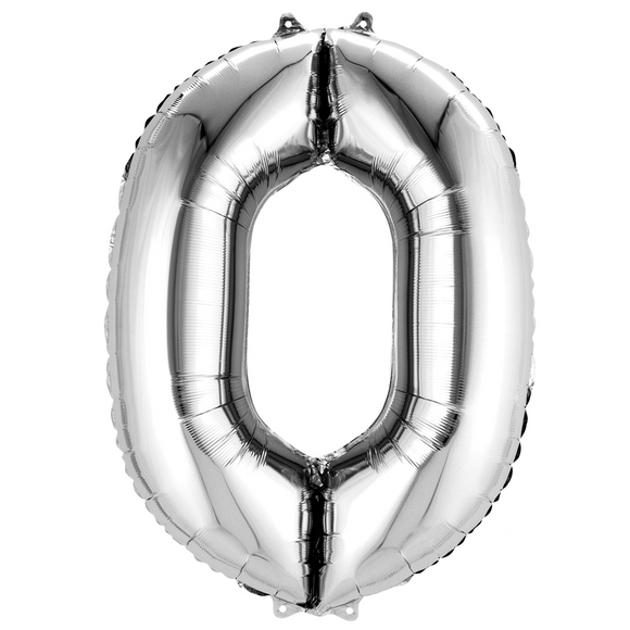 COLLECTION ONLY - Large Silver Number 0 Super Shape Foil Balloon Filled with Helium & Dressed with Ribbon & Weight