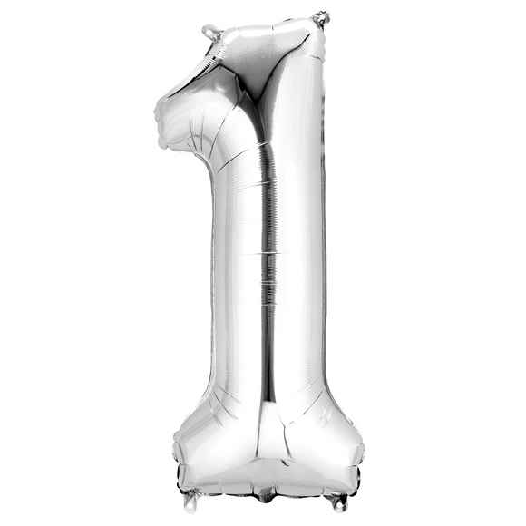 COLLECTION ONLY - Large Silver Number 1 Super Shape Foil Balloon Filled with Helium & Dressed with Ribbon & Weight