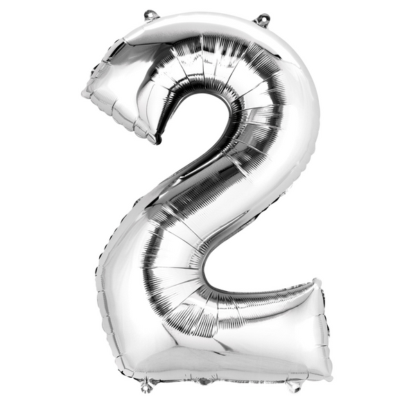 COLLECTION ONLY - Large Silver Number 2 Super Shape Foil Balloon Filled with Helium & Dressed with Ribbon & Weight